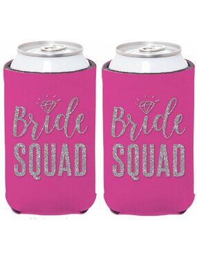Bride Squad Set of Two Pink Can Koozies Coolies w Glittery Bling Weddings